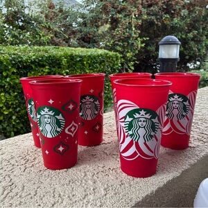 Starbucks Holiday Resuseable Festive Red and White Cups Set of 6